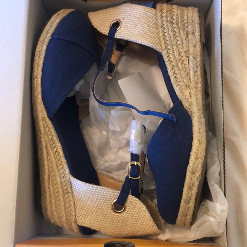 Beautiful blue espadrilles. 2.5 inch wedge heel. Never worn, new in box.